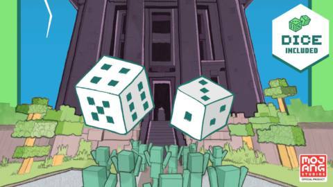 In the Minecraft style: Two big hand-drawn dice in front of a bunch of green block men walking up to a massive onyx temple, from the cover of Minecraft: Roll for Adventure: The Temple of the Charged Creeper