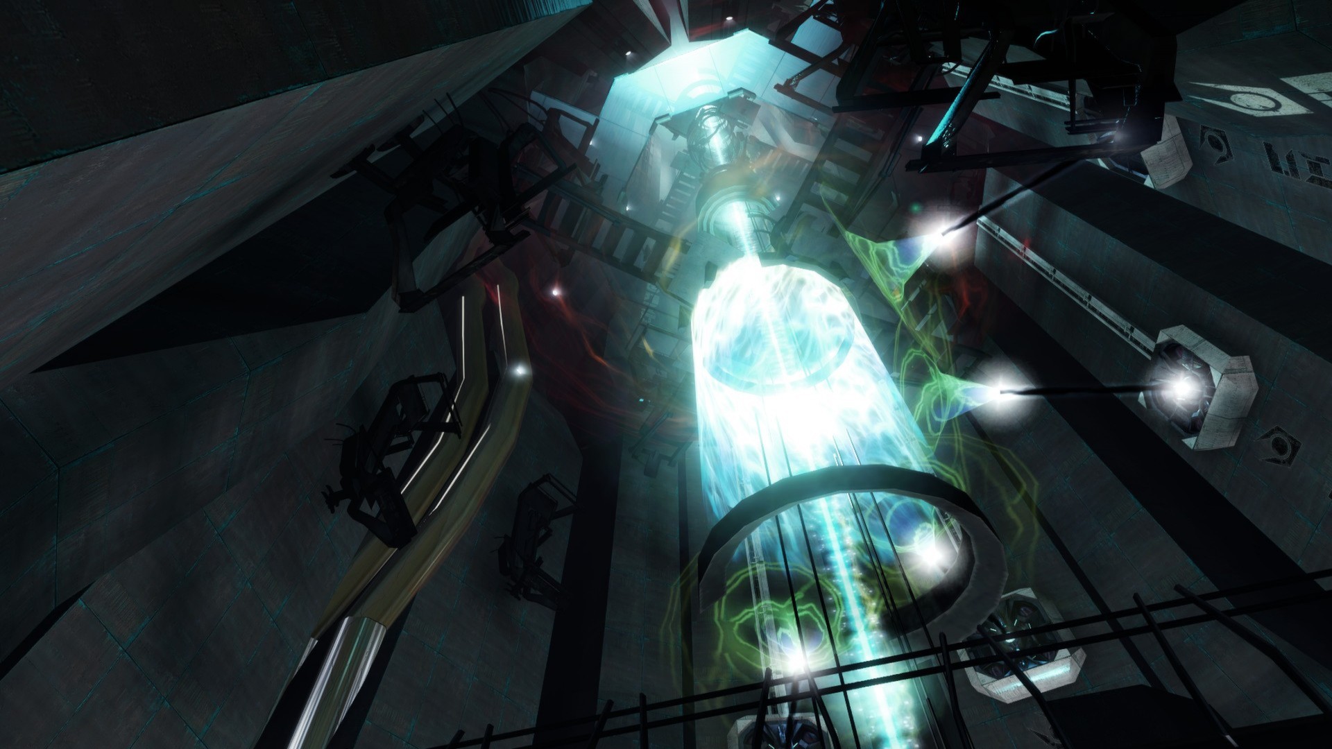 A screenshot of a bright beam of light surrounded by pylon-like sockets in MINERVA: Metastasis.