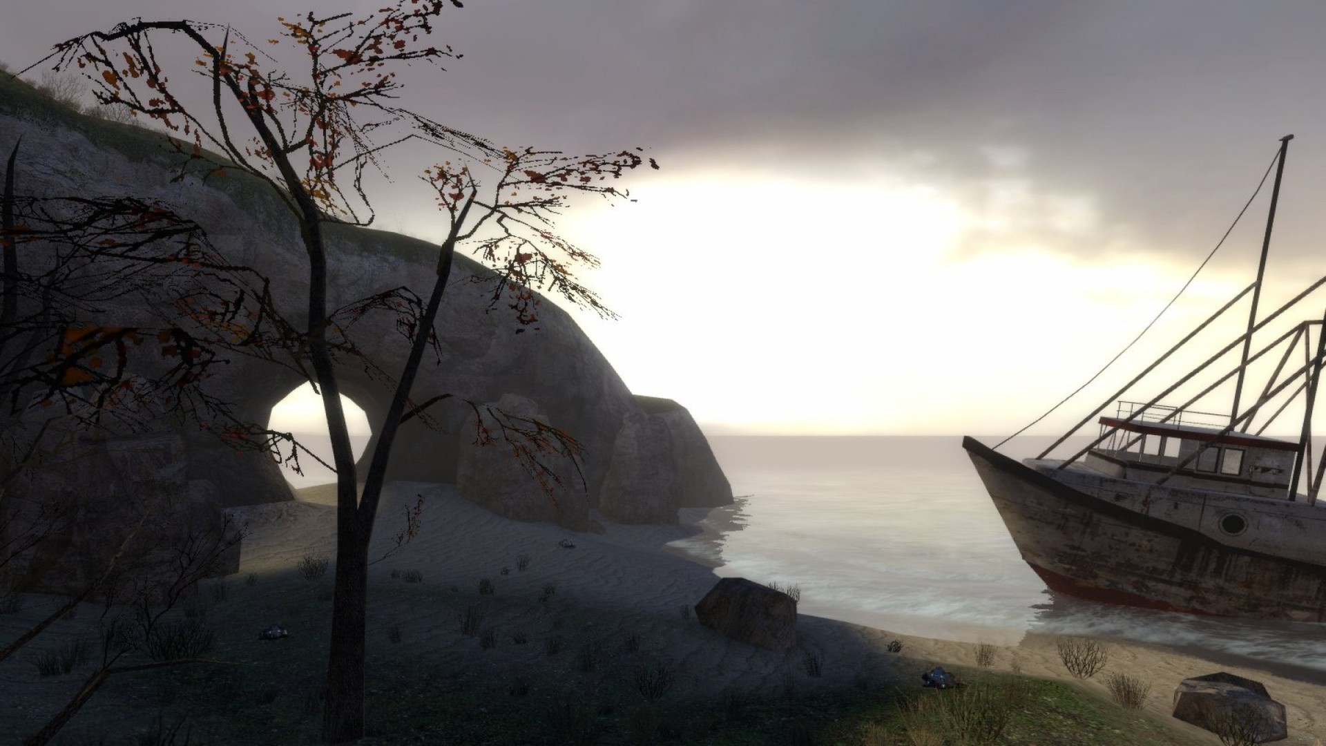 A screenshot of a beached ship washed along the shore of an island in MINERVA: Metastasis.