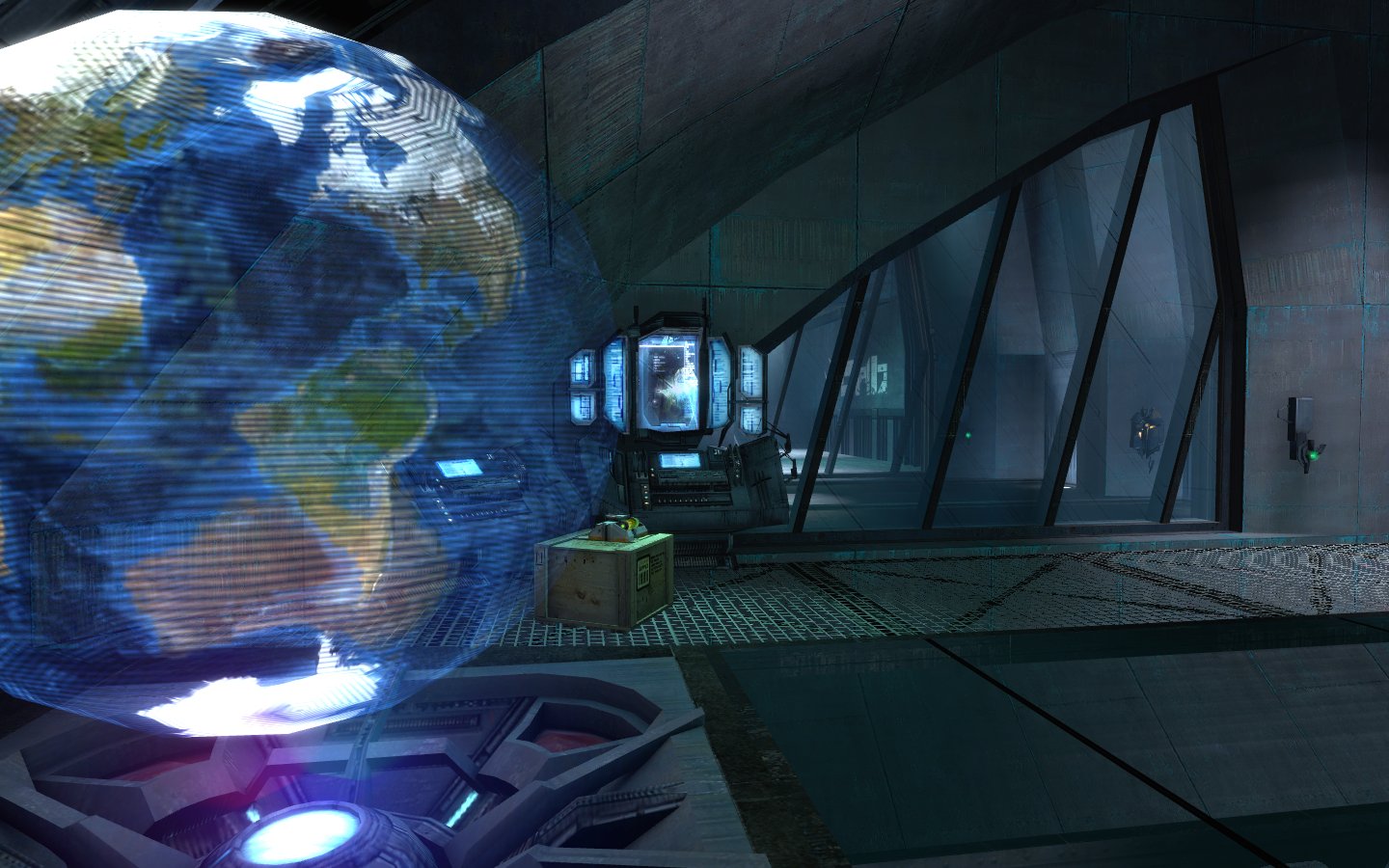 A screenshot of a holographic projection of the Earth in a dark metal corridor in MINERVA: Metastasis.