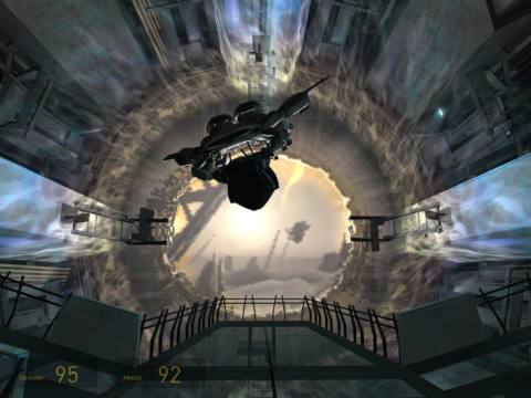 A screenshot of an alien dropship flying out of a giant glowing portal in MINERVA: Metastasis.