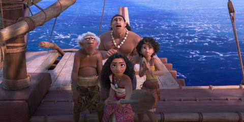 Moana and her new crew gasp at something out in the sea in Moana 2