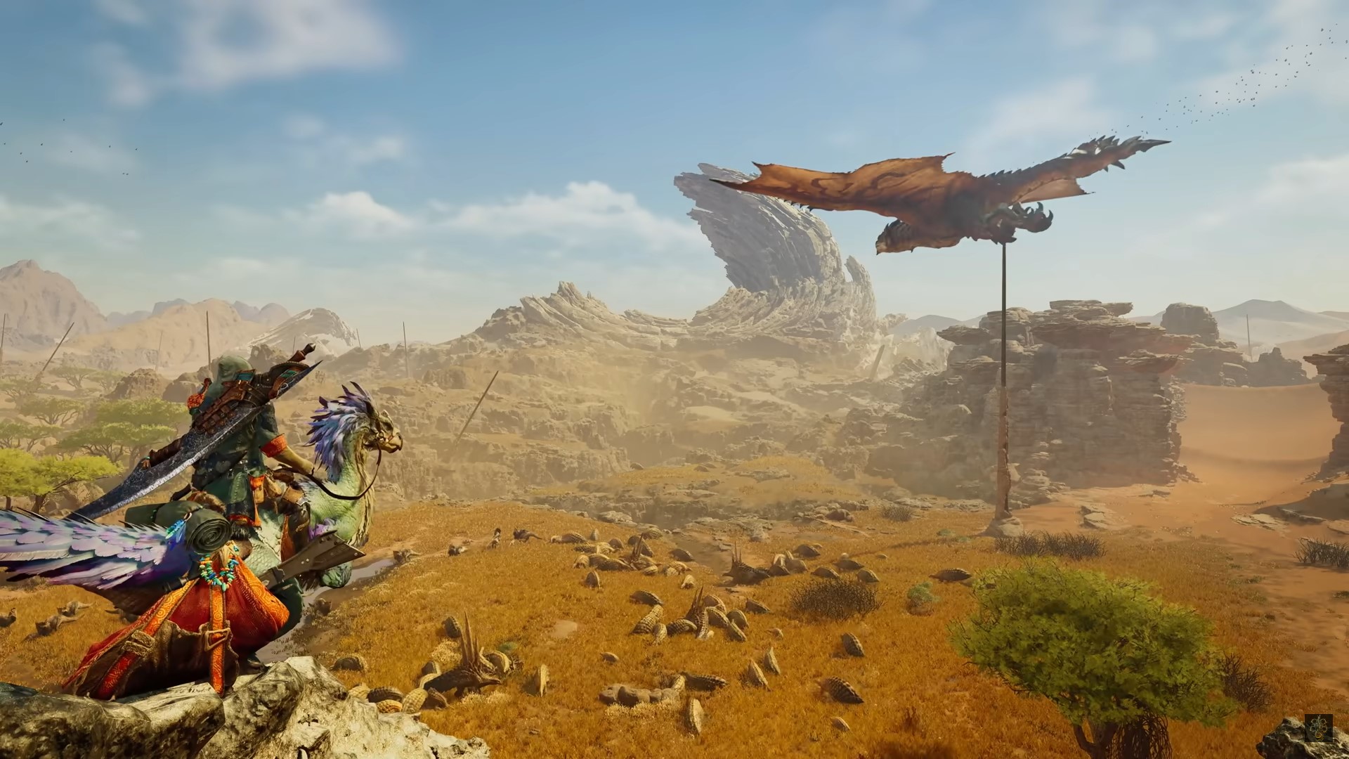 A Rathalos soars over the Windward Plains in the reveal trailer of Monster Hunter Wilds.