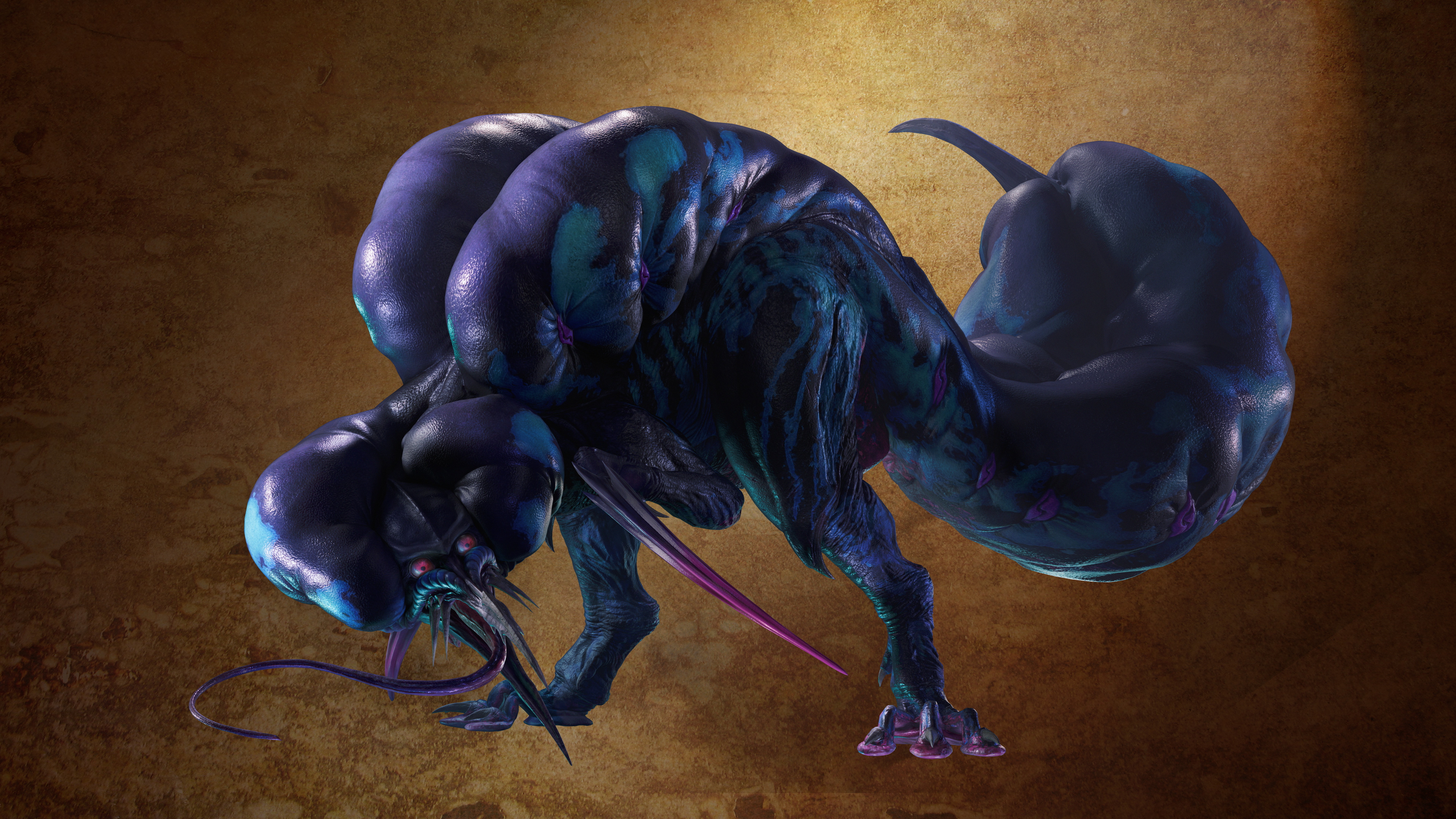 Rompopolo, a purple, bulbous brute wyvern from Monster Hunter Worlds, covered in poison-filled sacs.