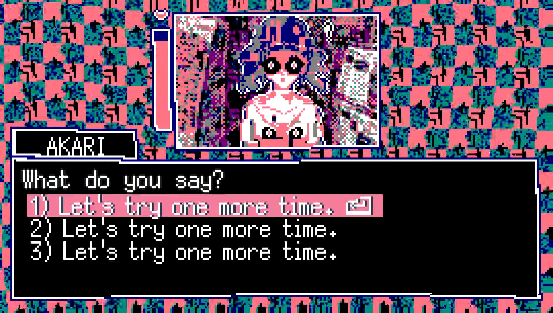 Akari has taken on a horrific appearance, the player has three dialogue choices, all of which say 