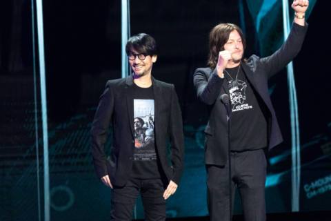 Hideo Kojima and Norman Reedus on stage at The Game Awards 2017 at Microsoft Theater on December 7, 2017 in Los Angeles, California.