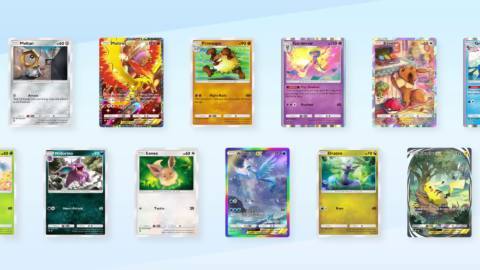 A graphic showing an array of Pokemon cards in Pokemon TCG Pocket. There’s a Moltres, Gardevoir, and more.