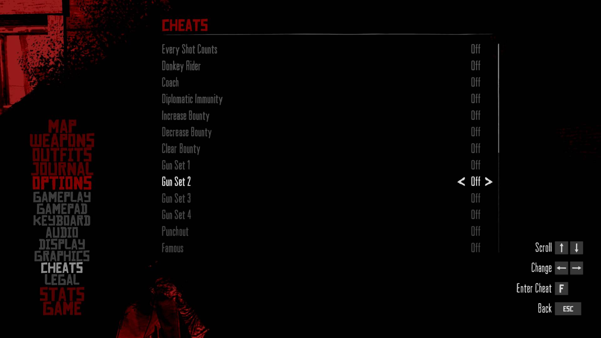 Red Dead Redemption cheat menu in game