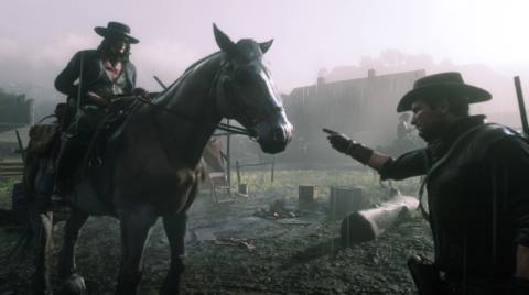 A woman rides a large Belgian Draft horse in Red Dead Redemption 2’s online game mode as another player admonishes the horse.