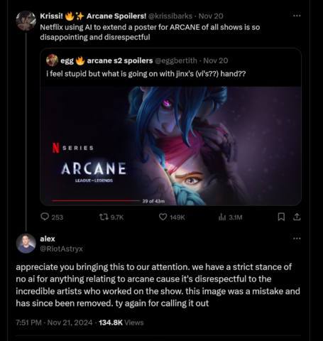 Riot calls out ‘disrespectful’ AI-extended Arcane art on Netflix: ‘This image was a mistake’