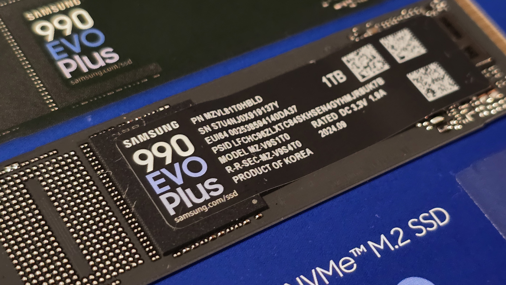 Samsung 990 Evo Plus installed inside a gaming PC's NVMe M.2 slot.