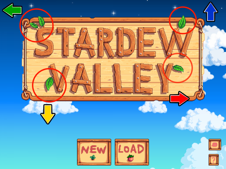 Stardew Valley title screen, with a series of arrow icons overlaid on top.