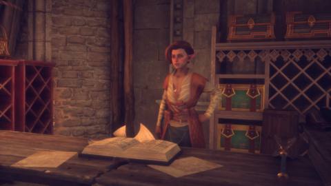 A faction merchant stands behind a desk offering to buy valuables in Dragon Age The Veilguard