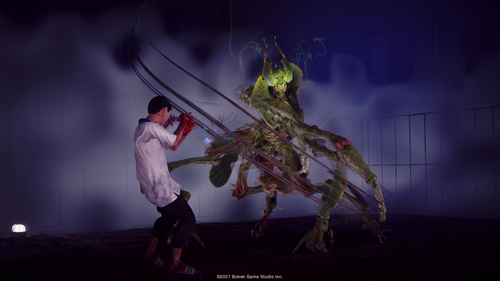 A man blocking an attack from a mantis-like creature with a club made out of blood in Slitterhead.