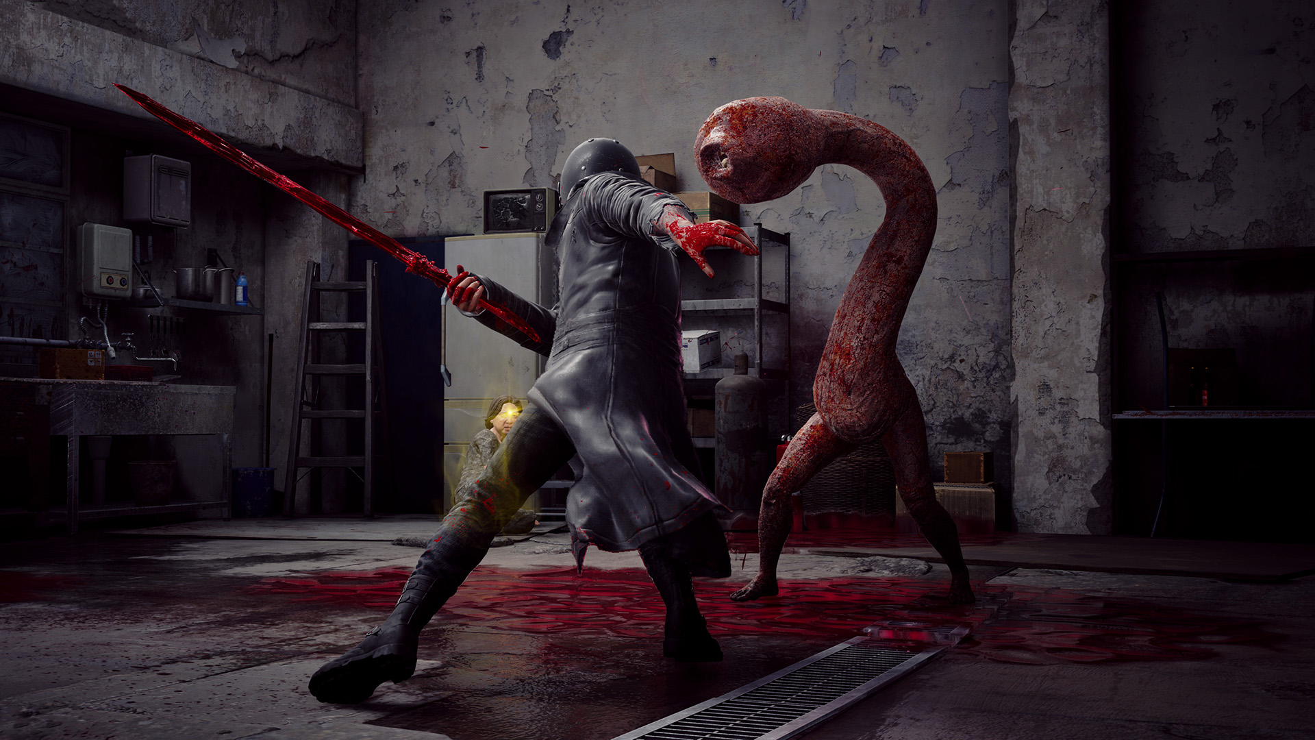 A man wearing a black trenchcoat and motorcycle helmet wields a sword of blood against a strange bipedal creature in Slitterhead.