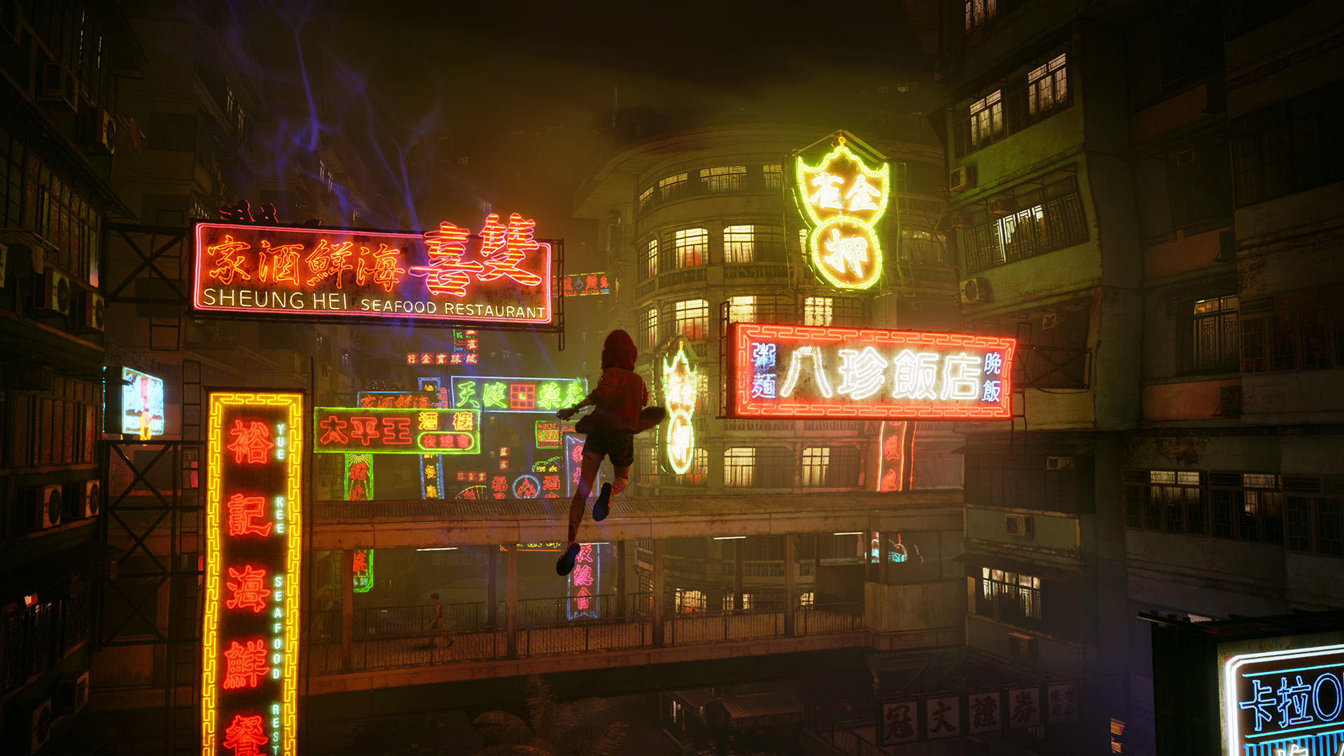 A woman in a red hoodie leaping between neon signs in Slitterhead.