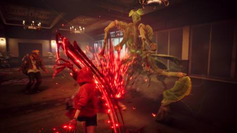 A woman in a red hoodie slashing her claws against a mantis-like creature.