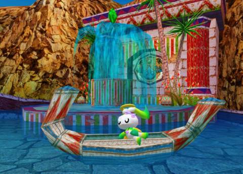 An image of a Chao in a modded Chao garden. The Chao is swimming in a pool of water.