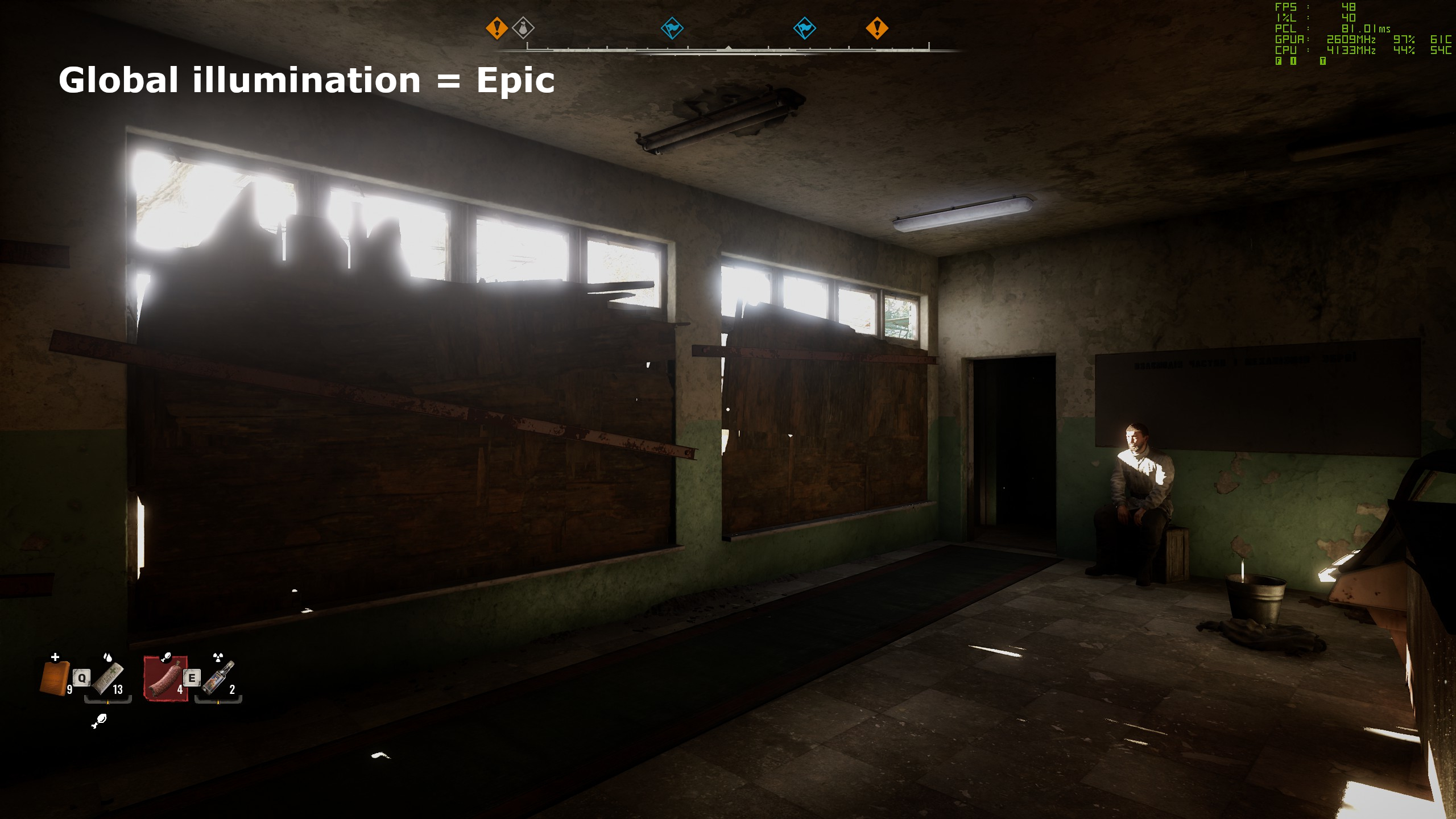 A screenshot of Stalker 2: Heart of Chornobyl, showing the impact of global illumination settings