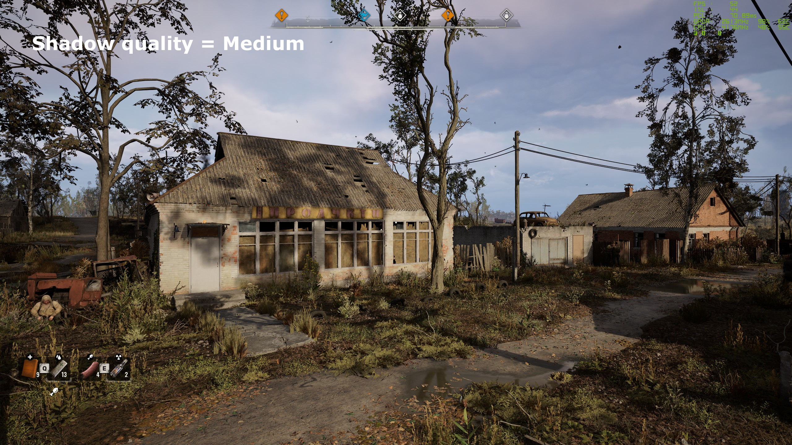 A screenshot of Stalker 2: Heart of Chornobyl, showing the impact of shadow quality settings