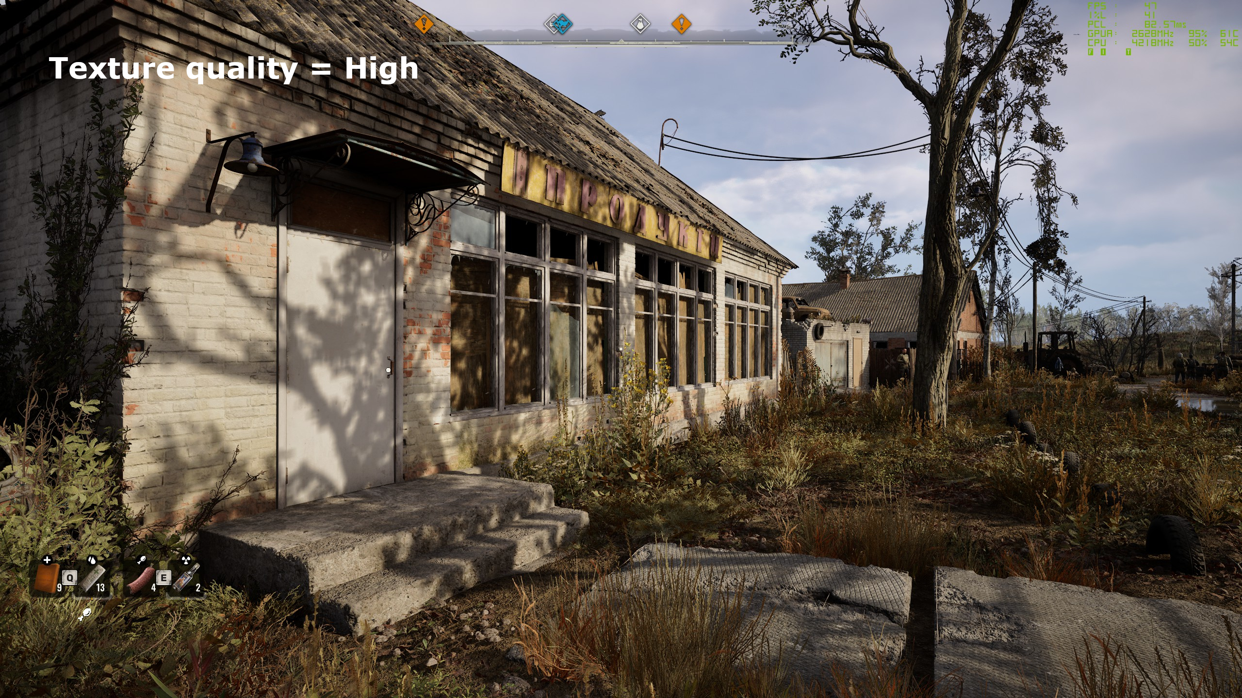 A screenshot of Stalker 2: Heart of Chornobyl showing the impact of texture quality settings