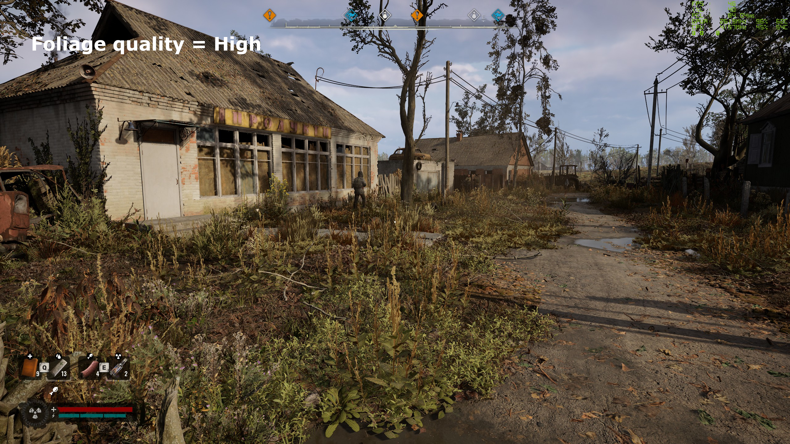 A screenshot of Stalker 2: Heart of Chornobyl, showing the impact of foliage quality settings