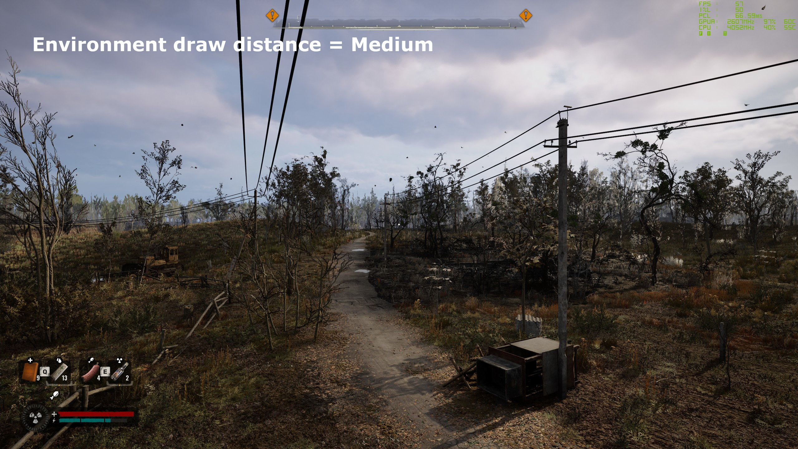 A screenshot of Stalker 2: Heart of Chornobyl, showing the impact of the use of environment draw distance