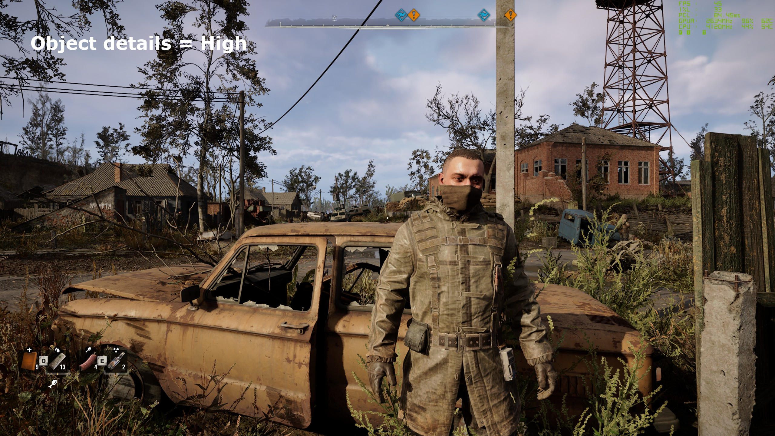 A screenshot of Stalker 2: Heart of Chornobyl, showing the impact of object detail settings