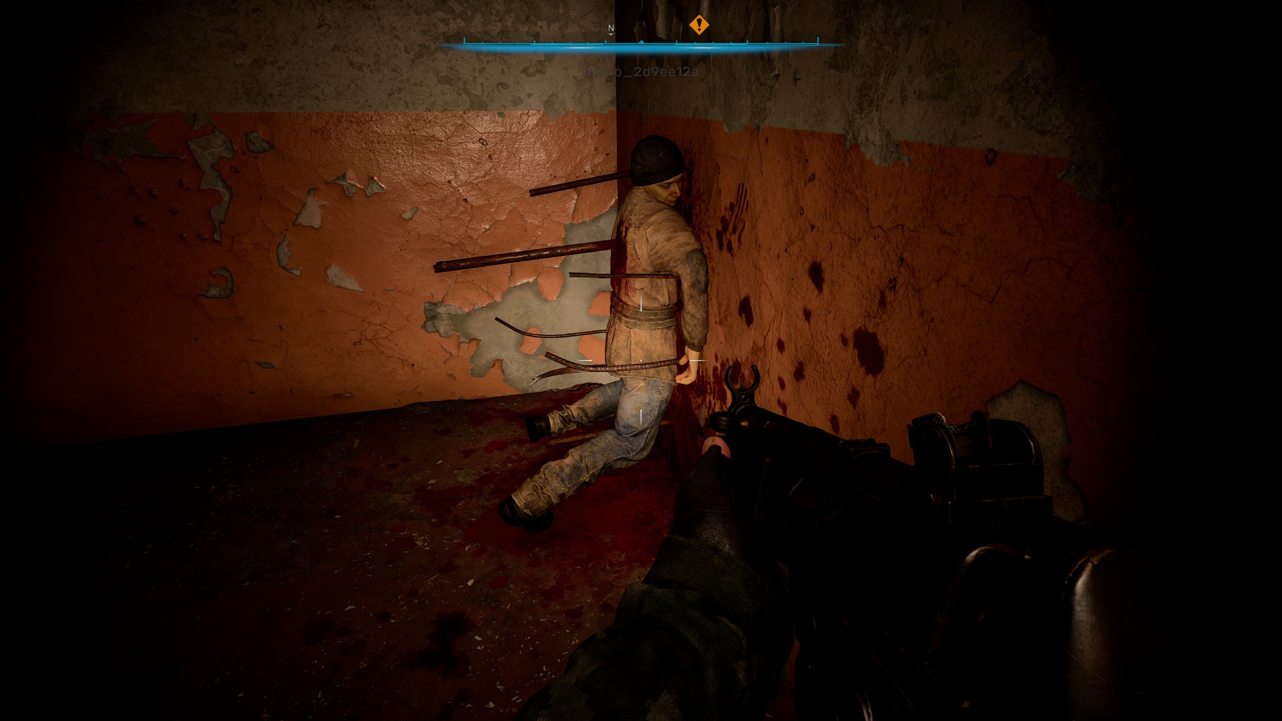 An unlucky stalker is pinned to wall by multiple spikes of rebar.