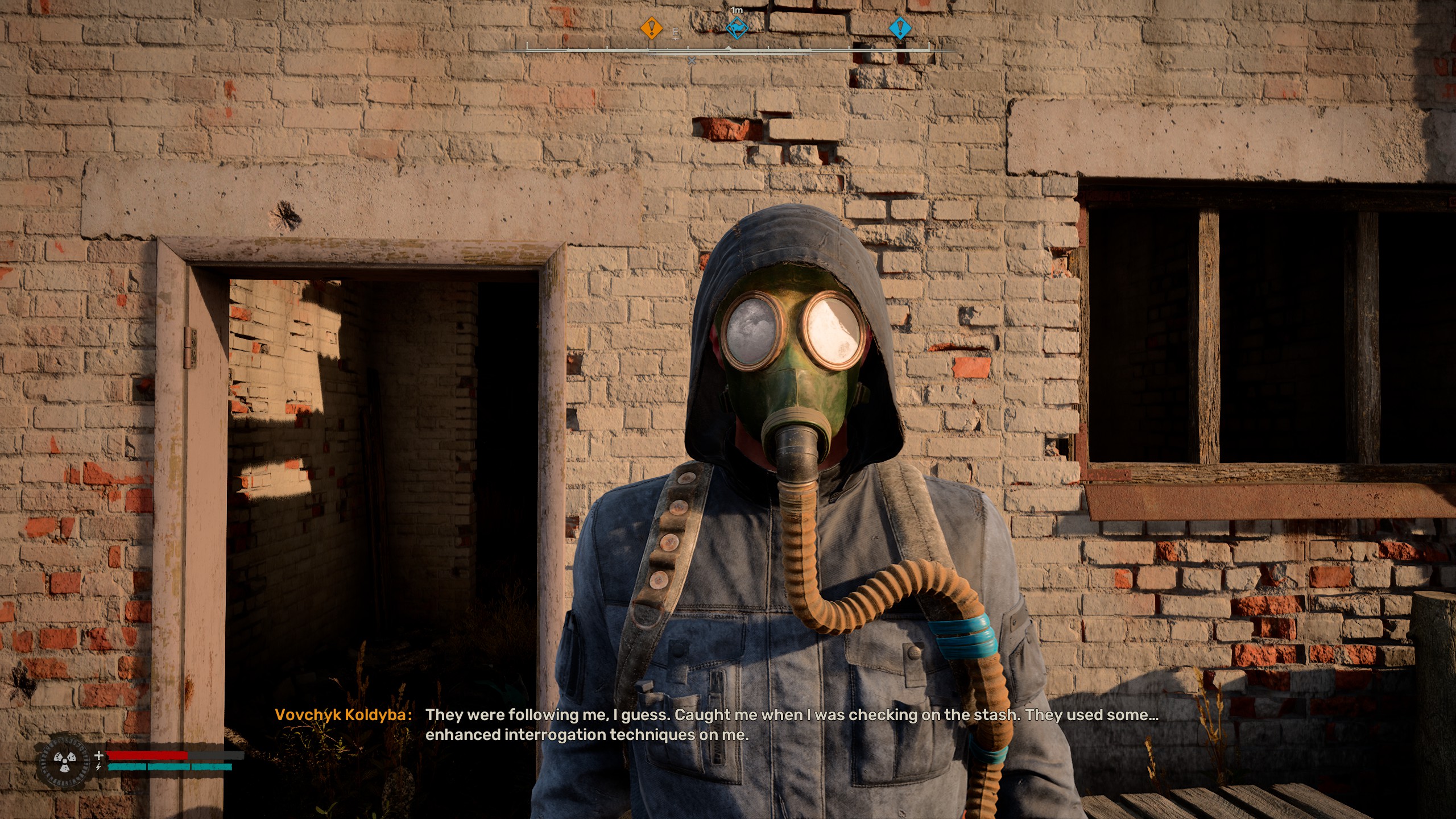 A stalker in a gas mask tells the player that bandits tortured him.