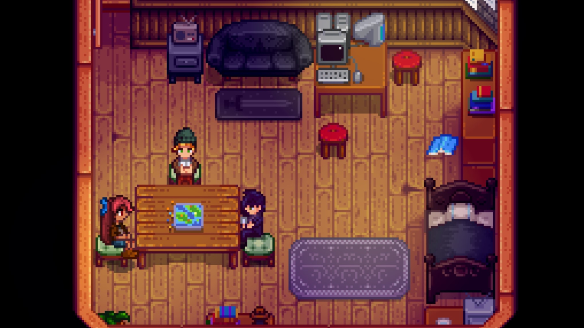 Stardew Valley bachelors Sam and Sebastian playing a game with the player character during one of the game's heart events.