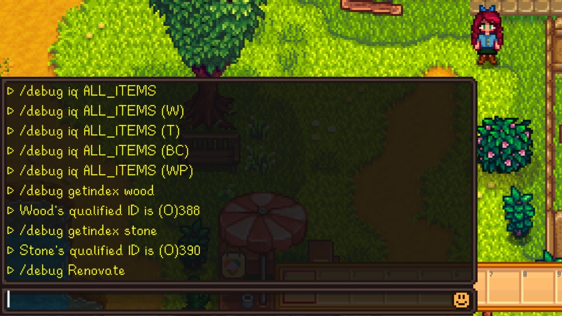 The Stardew Valley Console Command menu made accessible in Patch 1.6.9. The chat window has a long list of various cheats and debug commands typed in it.