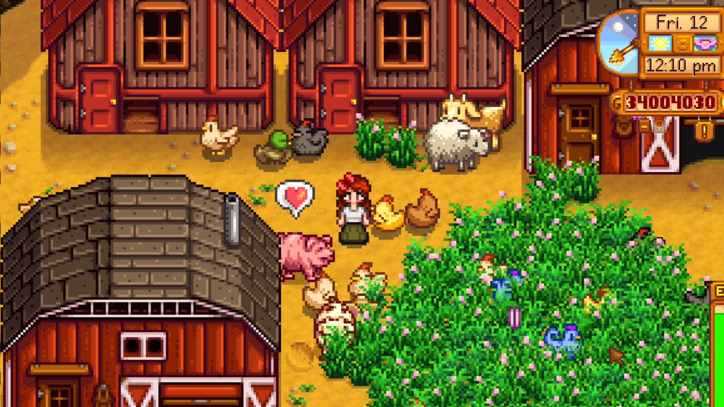 A Stardew Valley farm filled with animals. In the middle, a player character stands surrounded by chickens, pig, sheep, goats, and ducks while they eat grass.