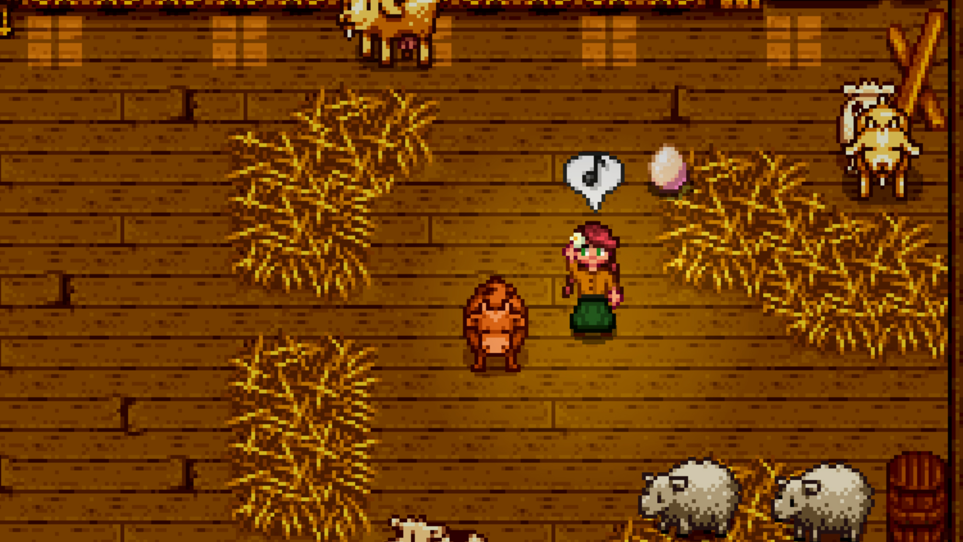 Stardew Valley - The player farmer in a barn, dancing around sheep and cows with the music emote