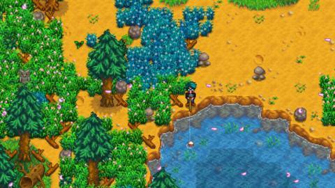 A screenshot of your character fishing next to some blue grass on your farm in Stardew Valley.