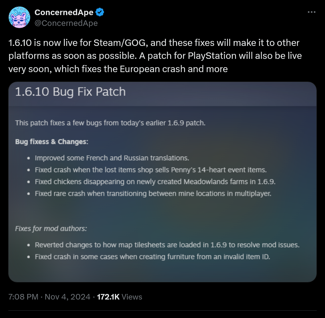 1.6.10 is now live for Steam/GOG, and these fixes will make it to other platforms as soon as possible. A patch for PlayStation will also be live very soon, which fixes the European crash and more