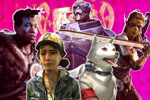 Against a pink background with a trophy, Varl, Clementine, Koromaru, Lae’zel, and Garrus appear in a collage for the Video Game Companion Hall of Fame