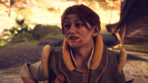 Lace Harding, a redhead dwarf scout from Dragon Age: The Veilguard, in close-up facing the viewer