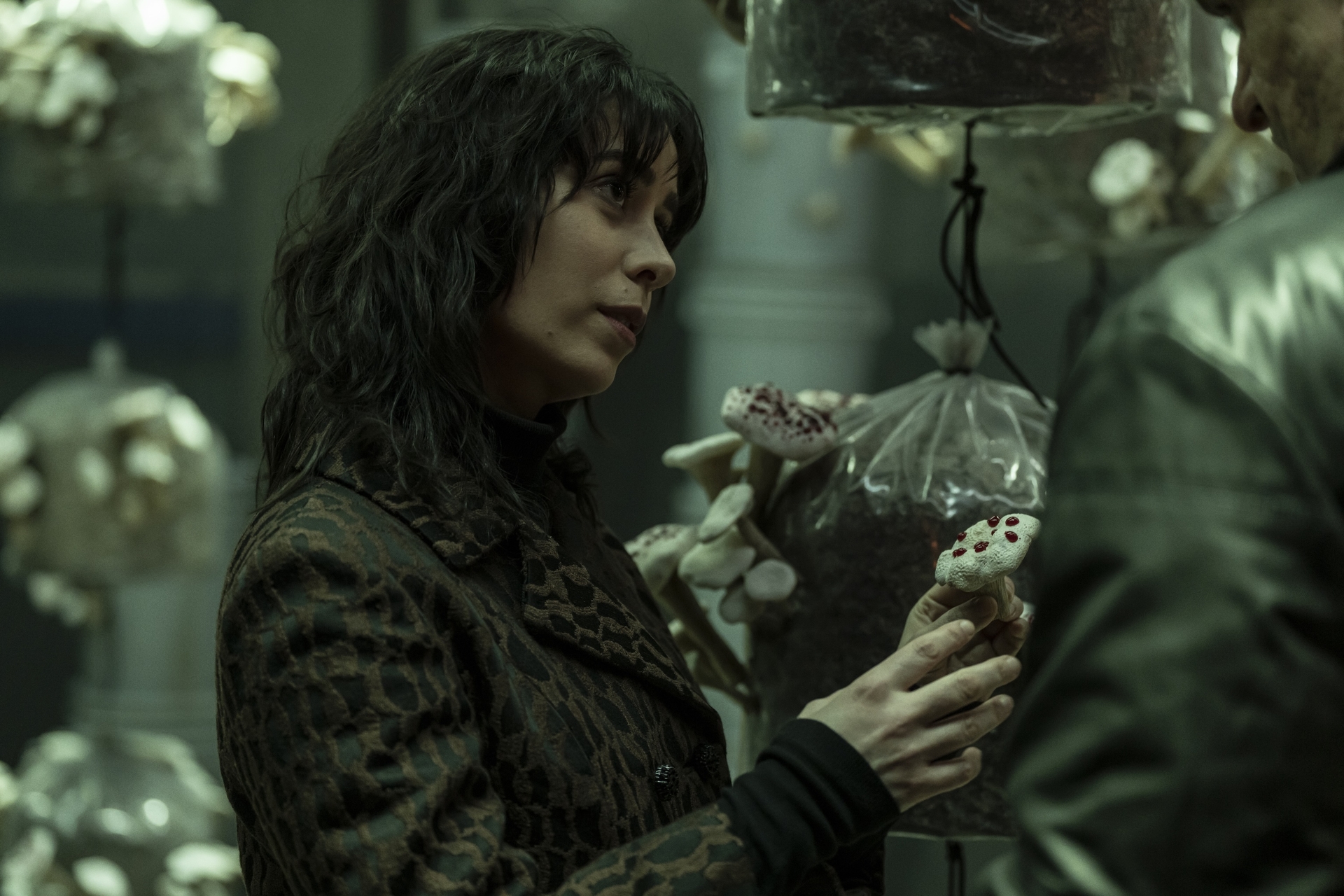 Sofia (Cristin Milioti) holding a bleeding mushroom growing out of a bag and looking at someone in a still from The Penguin