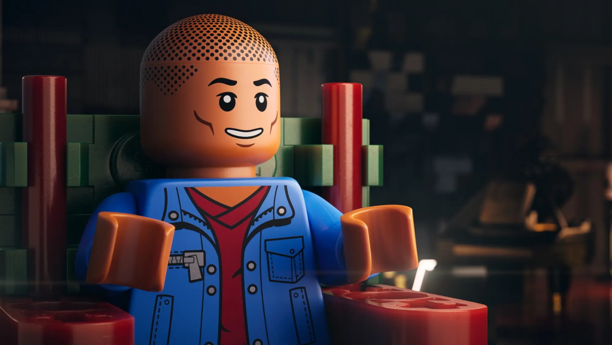 An animated Lego figure resembling Pharrell Williams sitting in a chair in Piece by Piece.