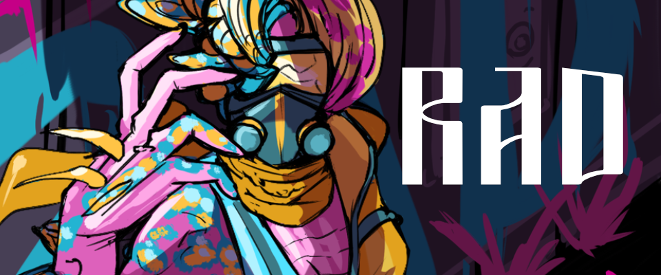 A screenshot of the cover of Rad, with someone reaching for goggles on their face next to the logo