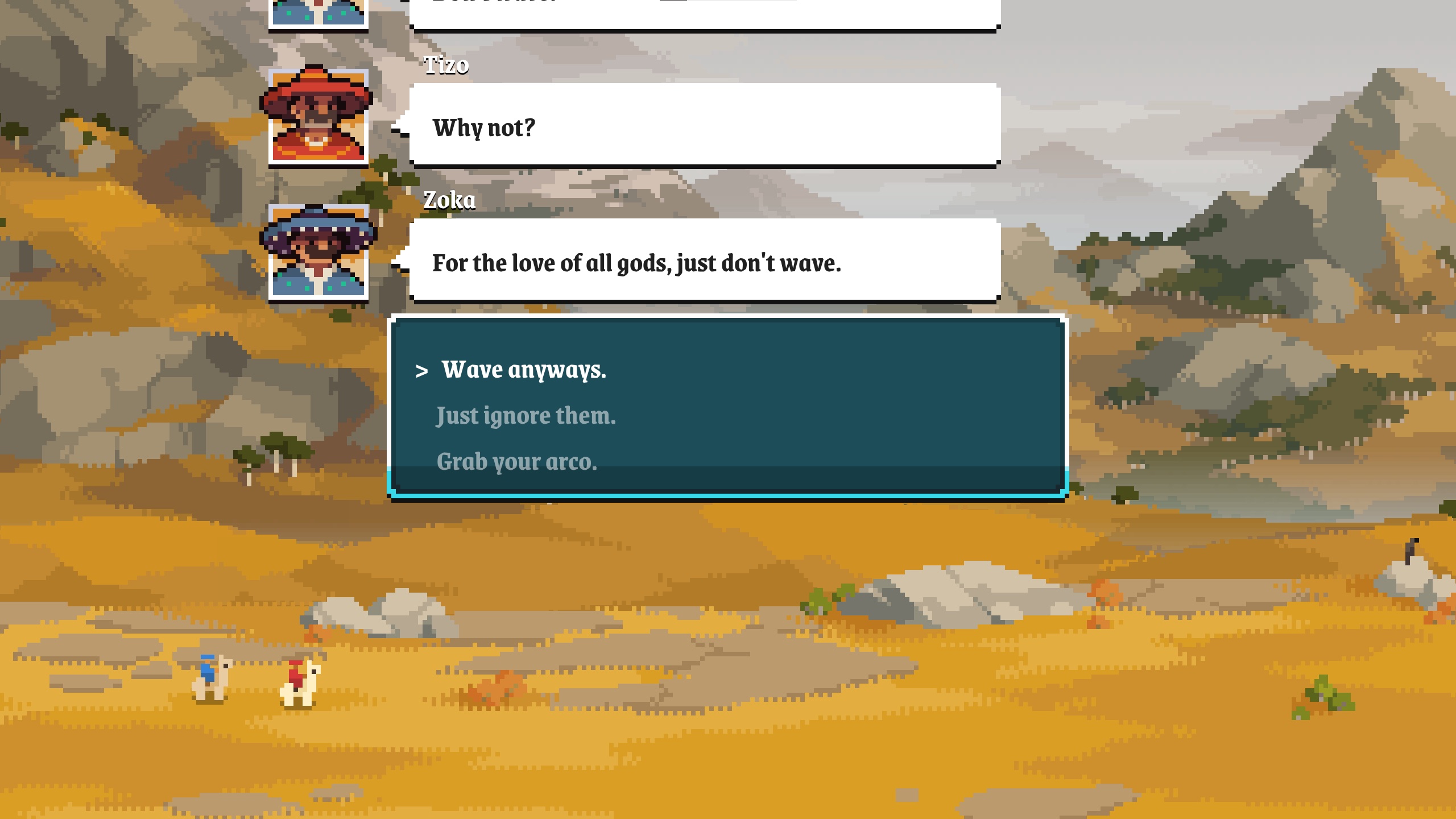 A screenshot of a dialogue tree in Arco, in which the character Zoka says, “For the love of all gods, just don’t wave,” and the options are, “Wave anyways,” “Just ignore them,” and “Grab your arco”