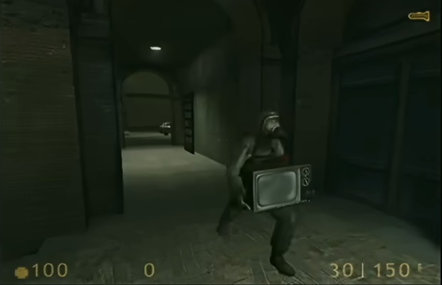 hazmat suit citizen running with a TV in early Half-Life 2 build