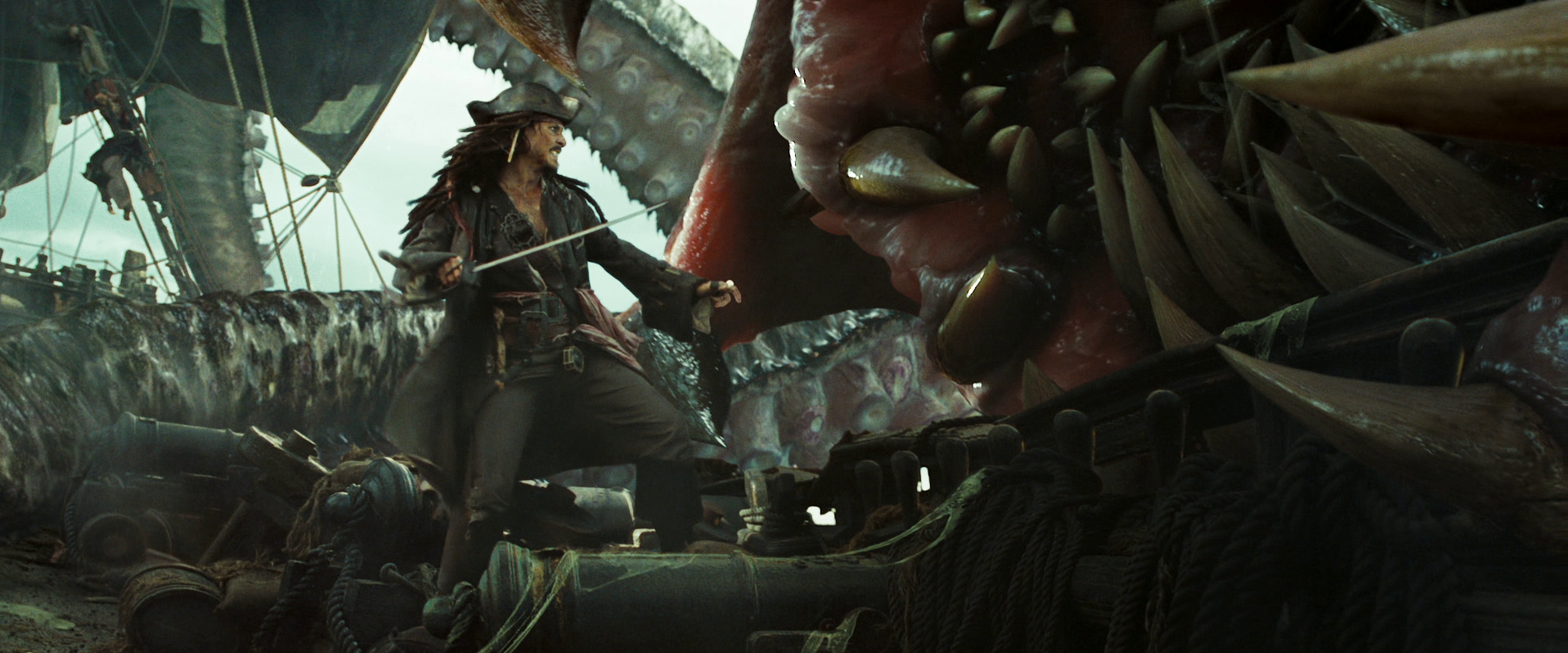 Captain Jack Sparrow (Johnny Depp) prepares to stab the kraken’s mouth in Dead Man’s Chest