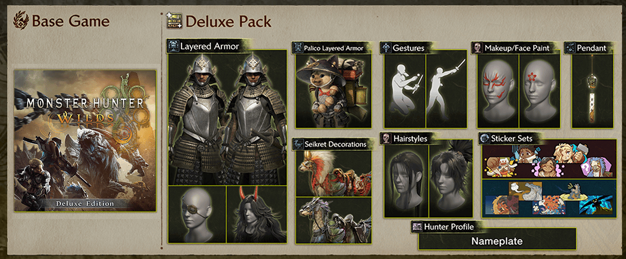 A stock photo of the pre-order cosmetic bonus items included with the deluxe edition of Monster Hunter Wilds