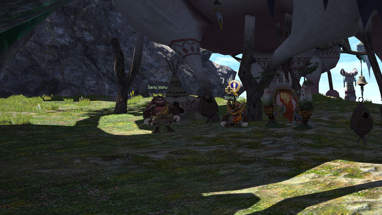 Two Vanu Vanu sit in a shady area in FFXIV