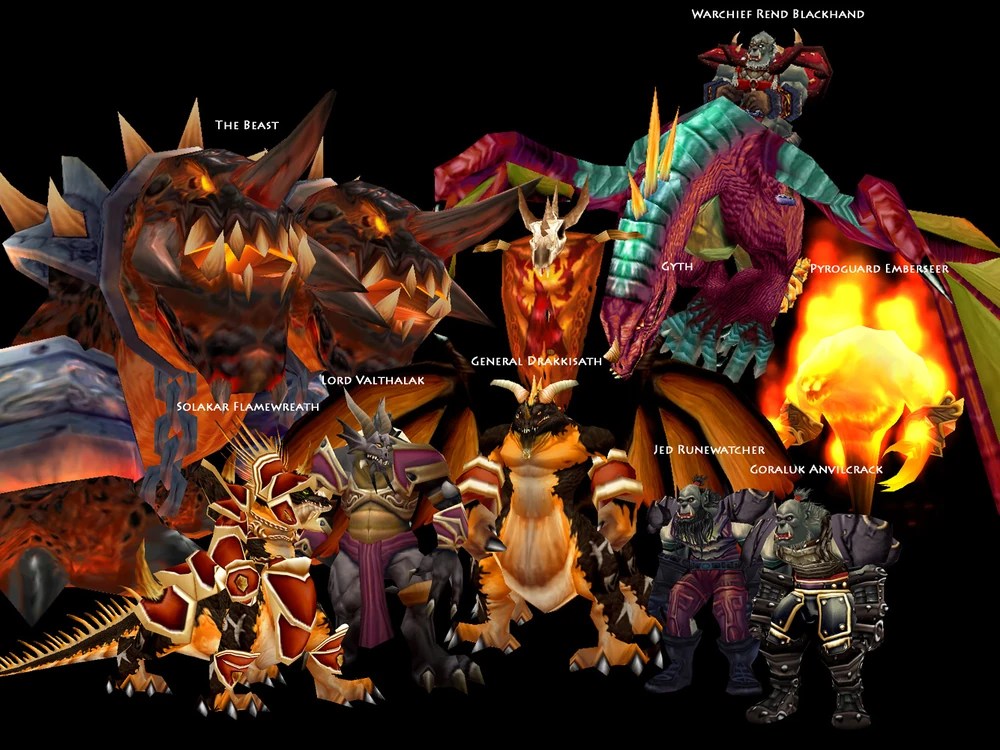 A collage of the bosses of Upper Blackrock Spire in World of Warcraft Classic, including General Drakkisath.