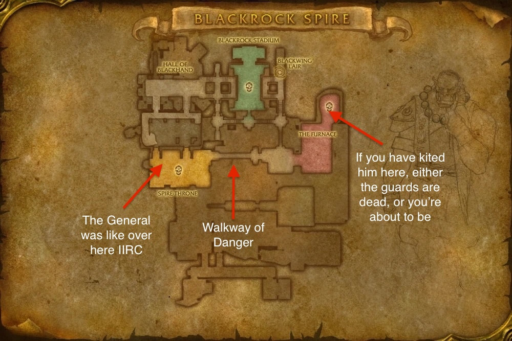 A map of the final level of Upper Black Rock Spire, annotated to show the location of General Drakkisath (IIRC), the Walkway of Danger, and the location a Hunter was expected to kite the General to.