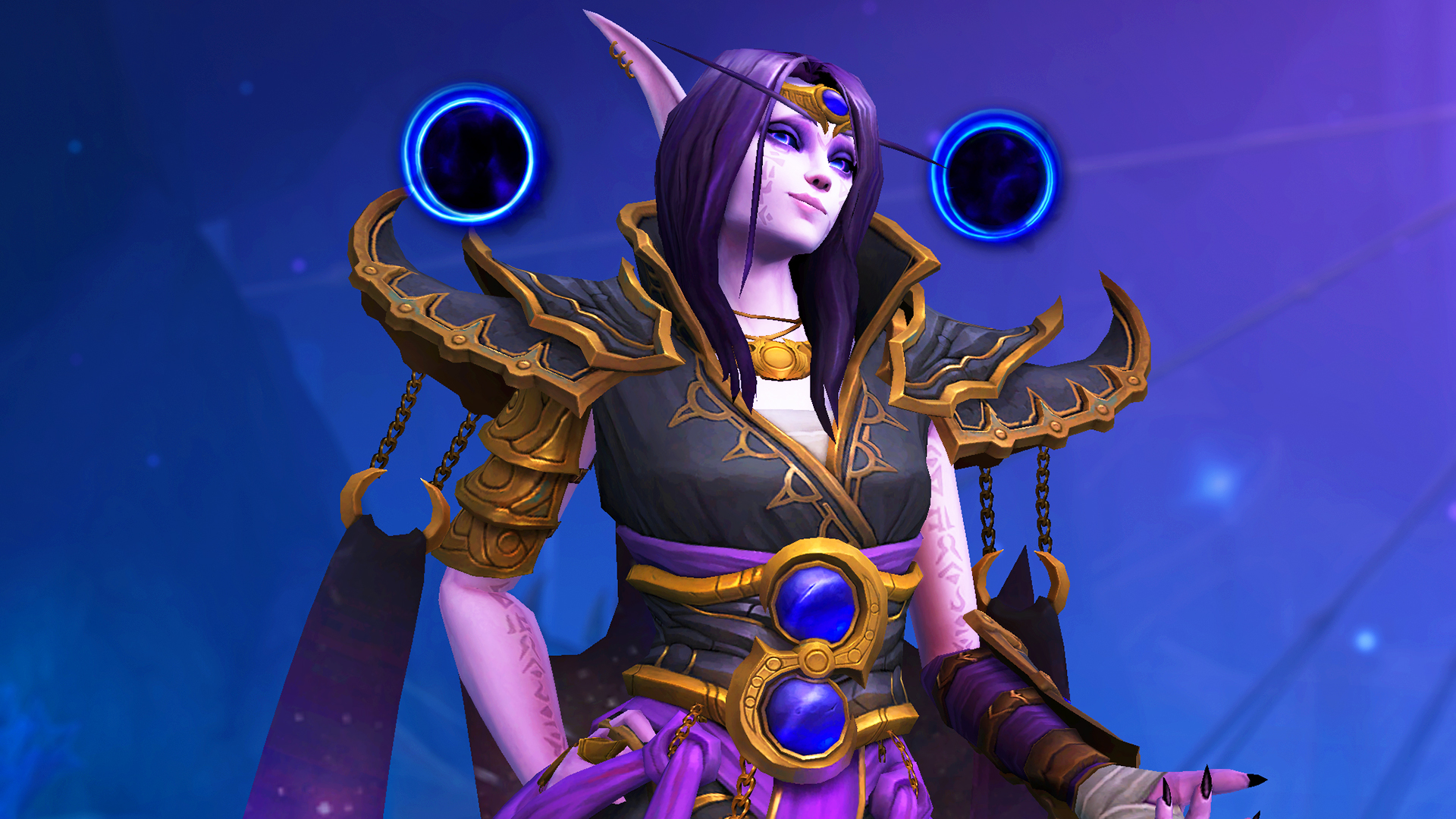 World of Warcraft The War Within expansion void elf character with a smirk on an indigo background