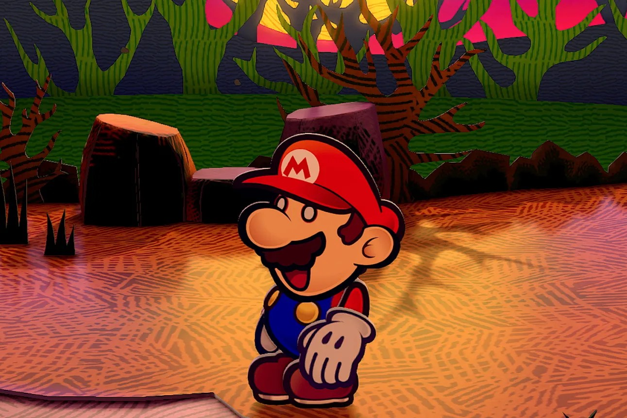 A screenshot of Paper Mario: The Thousand-Year Door featuring Mario with a surprised look on his face, his mouth agape